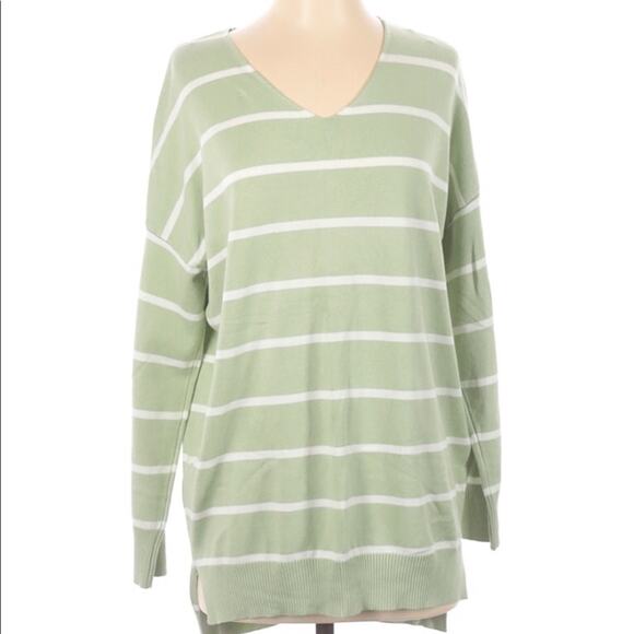 Dreamers green white striped viscose v neck tunic pullover sweater small medium - Picture 1 of 4